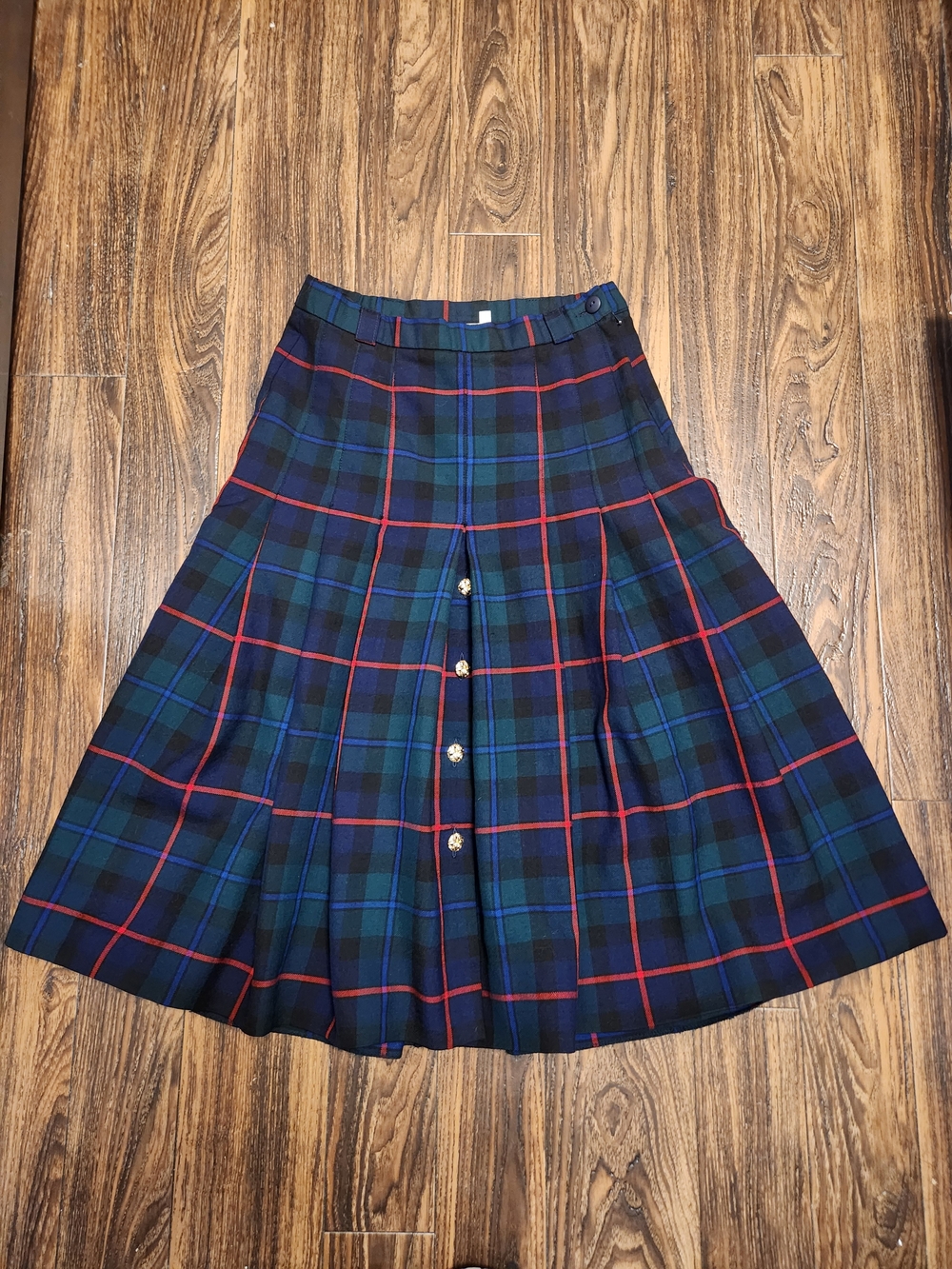 Ladie's Scottish Tartan Wool Gold Button Blue Green Red Plaid Skirt US 8/UK 12